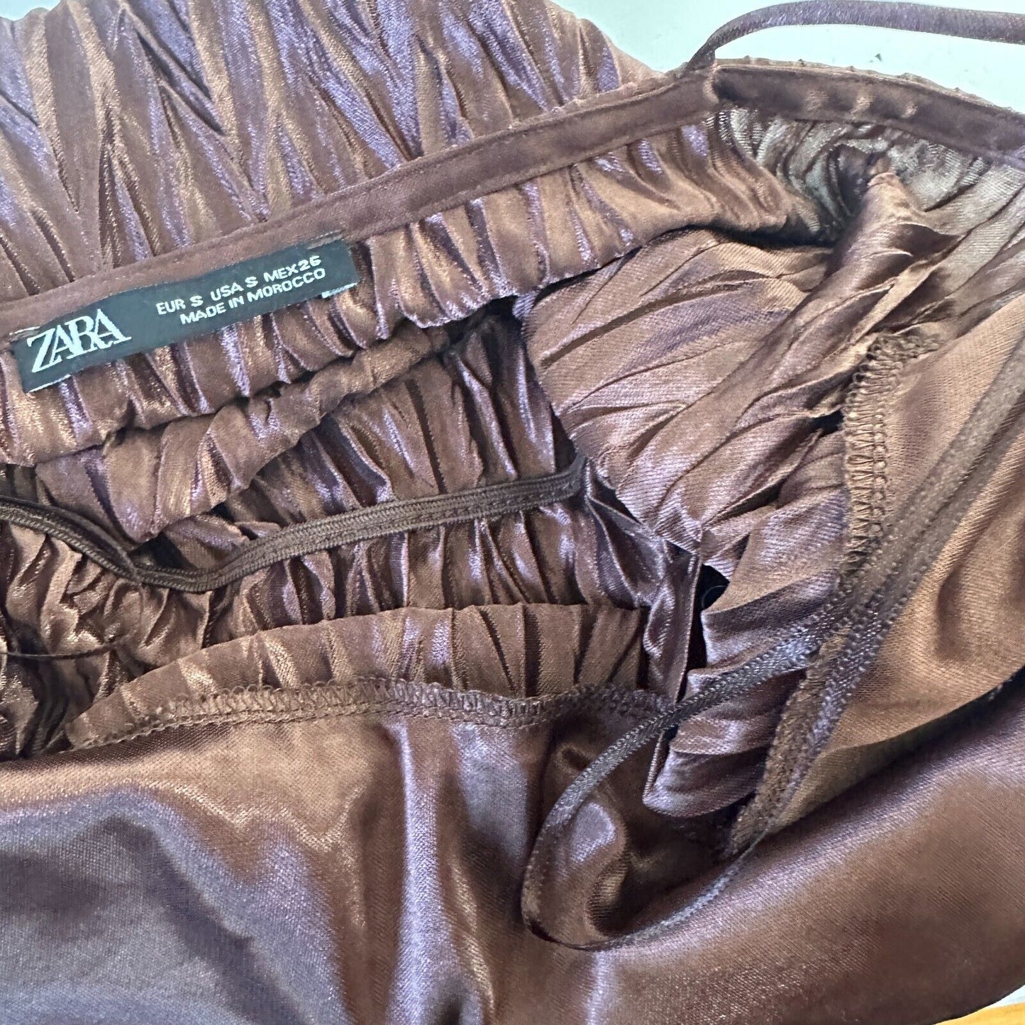 Zara Bronze Brown Travel Crinkle Satin Peplum Tank Spaghetti Strap V-Neck S