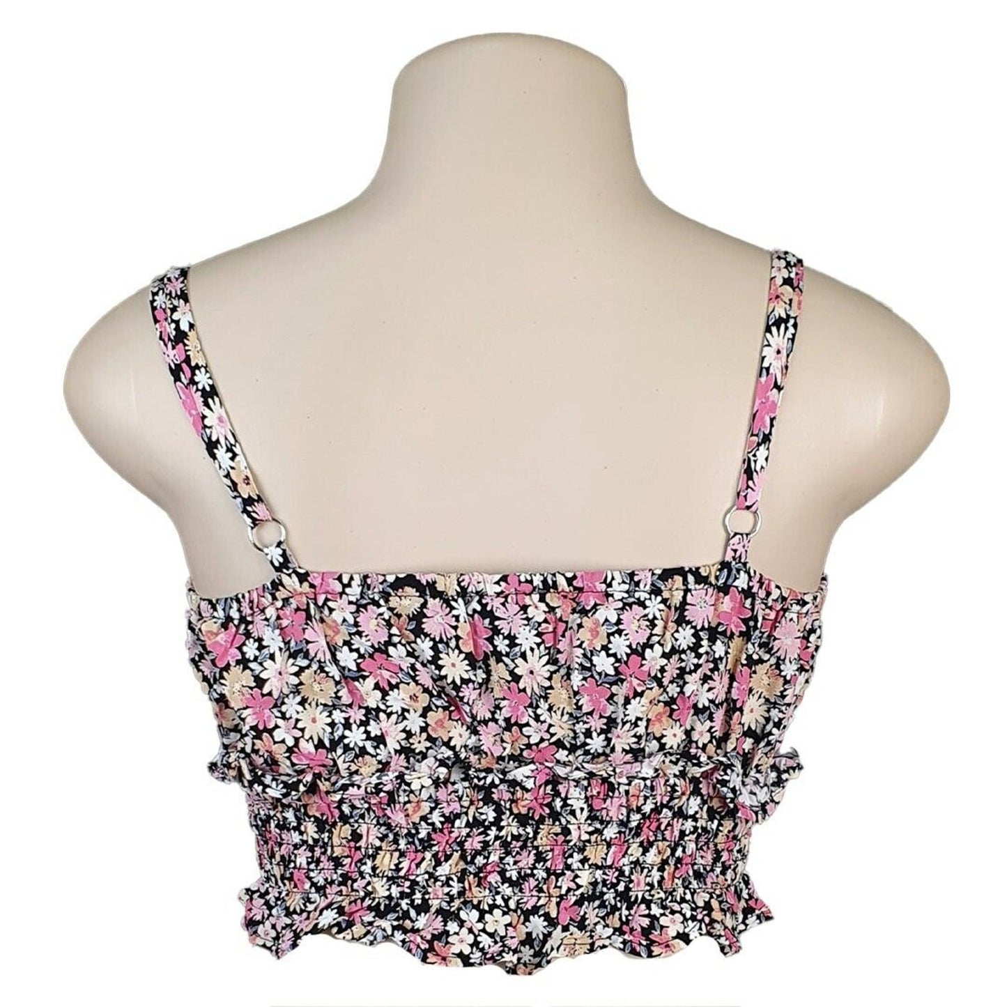 Wild Fable Black Pink Yellow Floral Keyhole Front Ruche Ruffle Crop Top Small