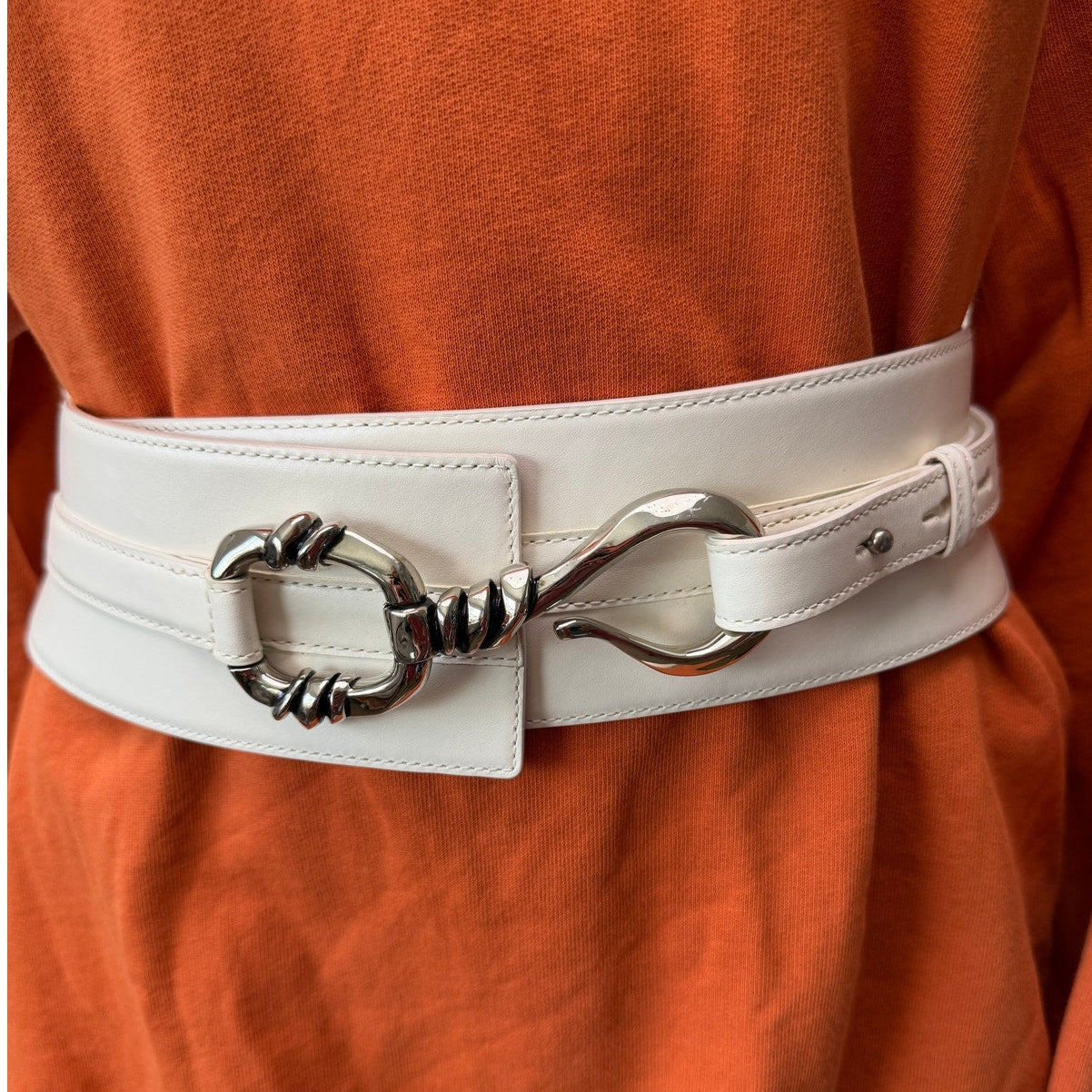 Alexander McQueen Ivory Calf Leather Wide Hook Waist Belt
