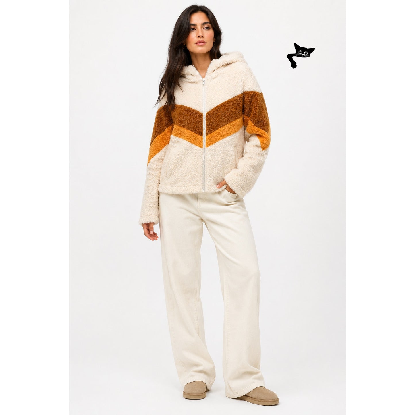 SHEIN Colorblock Sherpa Teddy Zip Hoodie Jacket Cream Brown Size M