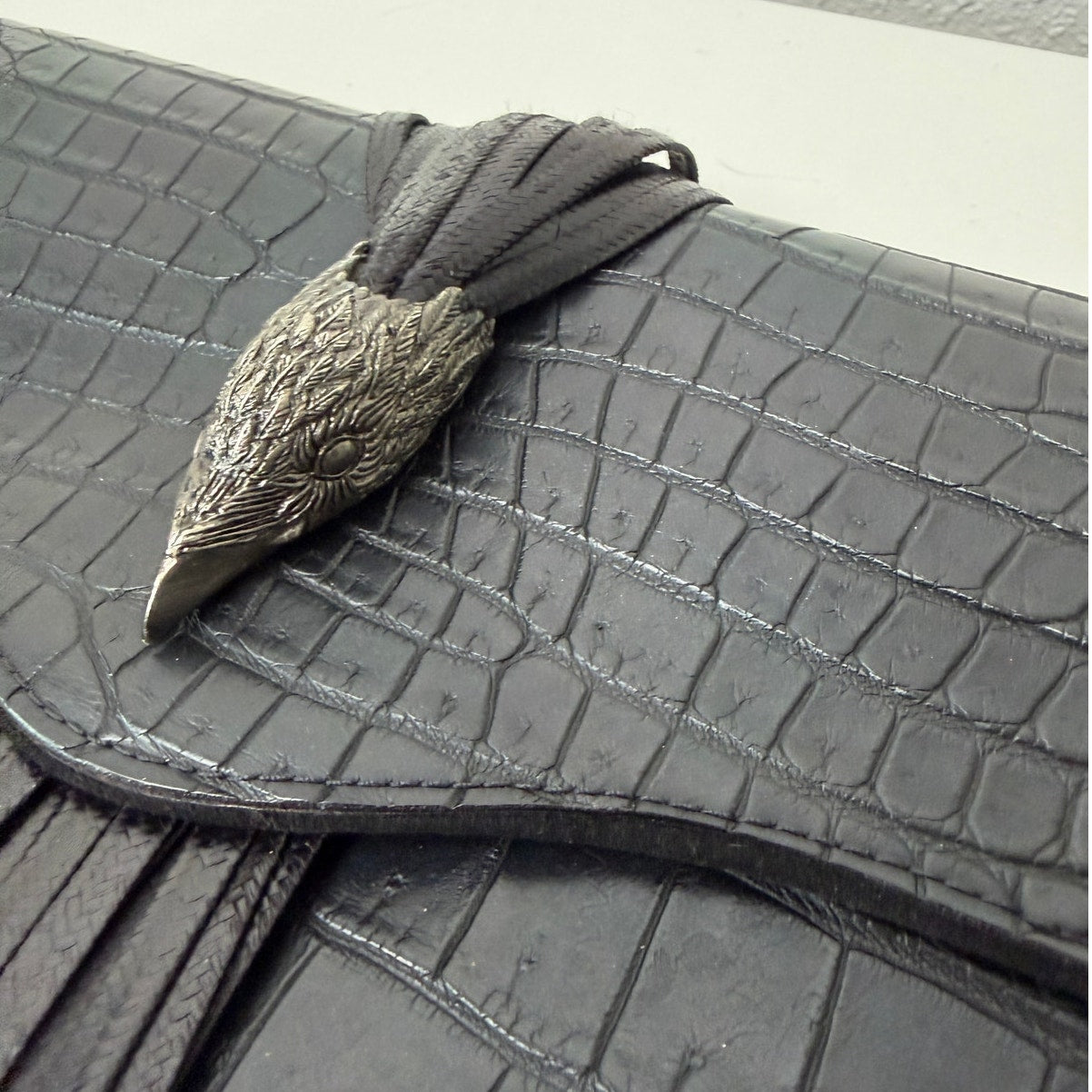 RARE Raven Kauffman Couture Black Croc Leather Bird Head Envelope Clutch Bag