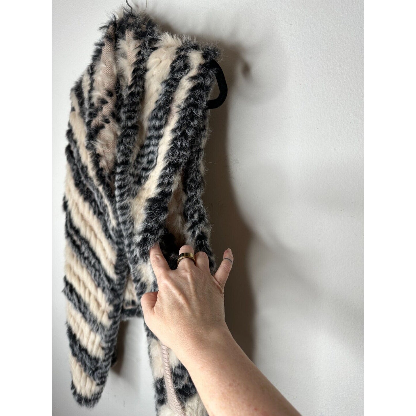 Marc by Marc Jacobs Cream Black Striped Knitted Soft Rabbit Fur Pocket Vest OS