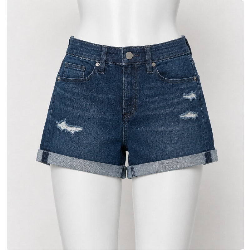 Universal Thread Hi-Rise Mini Dark Distressed Denim Cuff Jean Zip Shorts 6 / 28