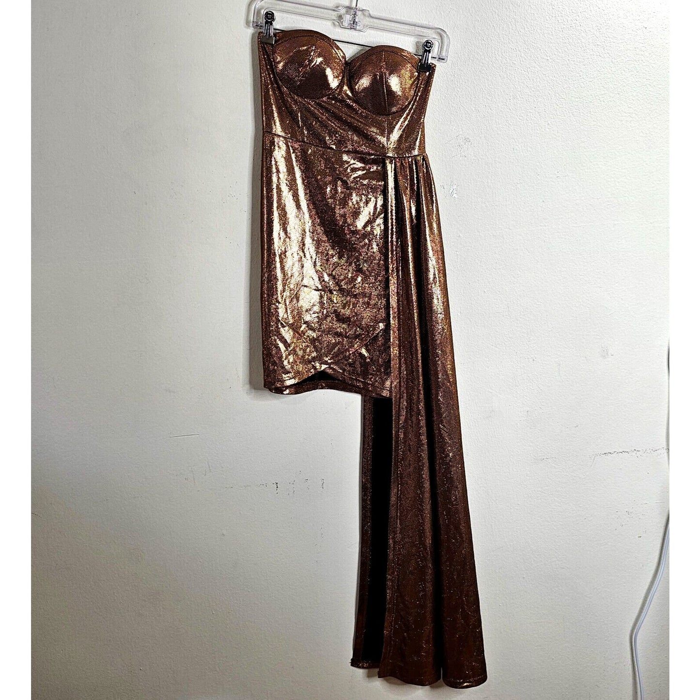 Bronze Gold Metallic Sweetheart Neck Sleeveless Bodycon Mini Long Sash Dress SM