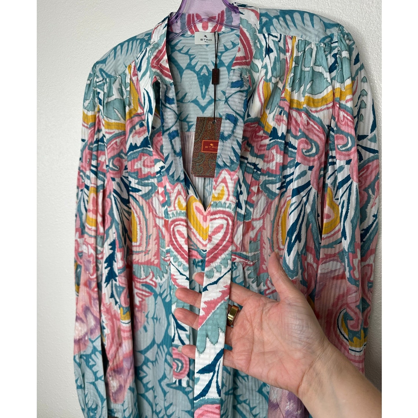 NWT Etro Teal Multicolor Paisley Georgette Long Sleeve Tie Neck Blouse 48 / XL