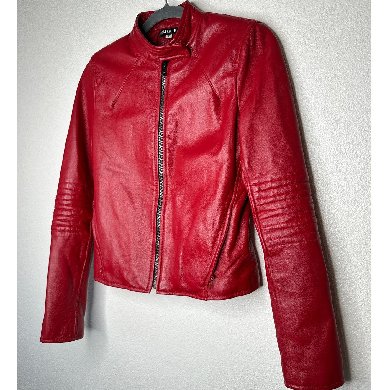 William B Cherry Red 100% Leather Moto Jacket Front Zip Silk Lining S