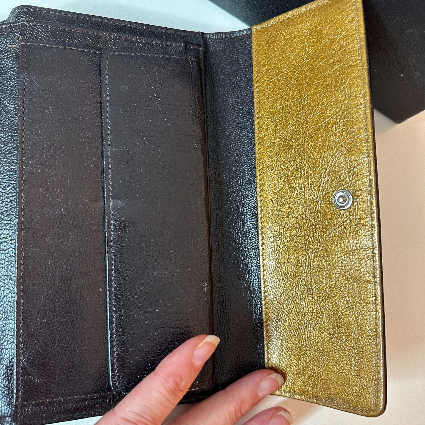 Authentic Chanel Tri-Fold Wallet Gold & Black Interior Trim Leather gold CC Logo