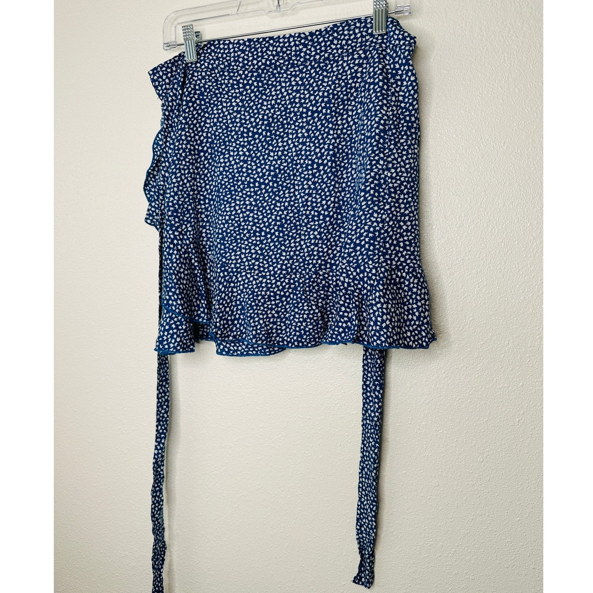 Blue & White Leaf Print Design Wrap Mini Skirt with Ruffle S