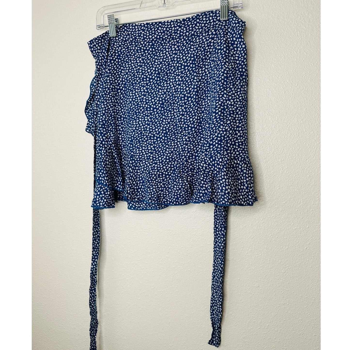 Blue & White Leaf Print Design Wrap Mini Skirt with Ruffle S