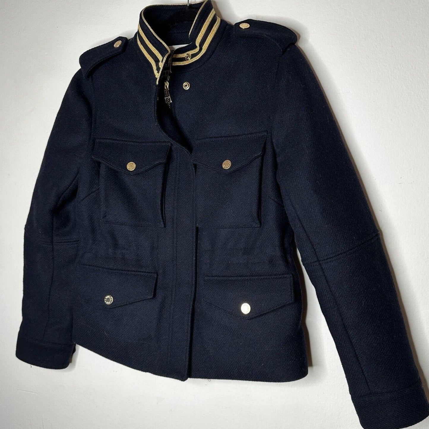 Zadig & Voltaire Wool Jacket Navy Gold Stand Collar Flap Pocket Zip Up Bomber SM
