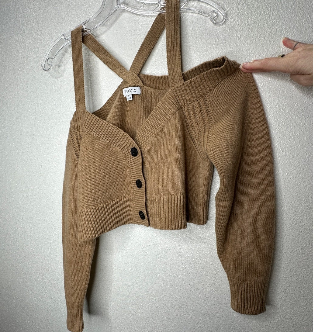 Intermix Beige Rumi Cold Shoulder V-Neck Button Cardigan P