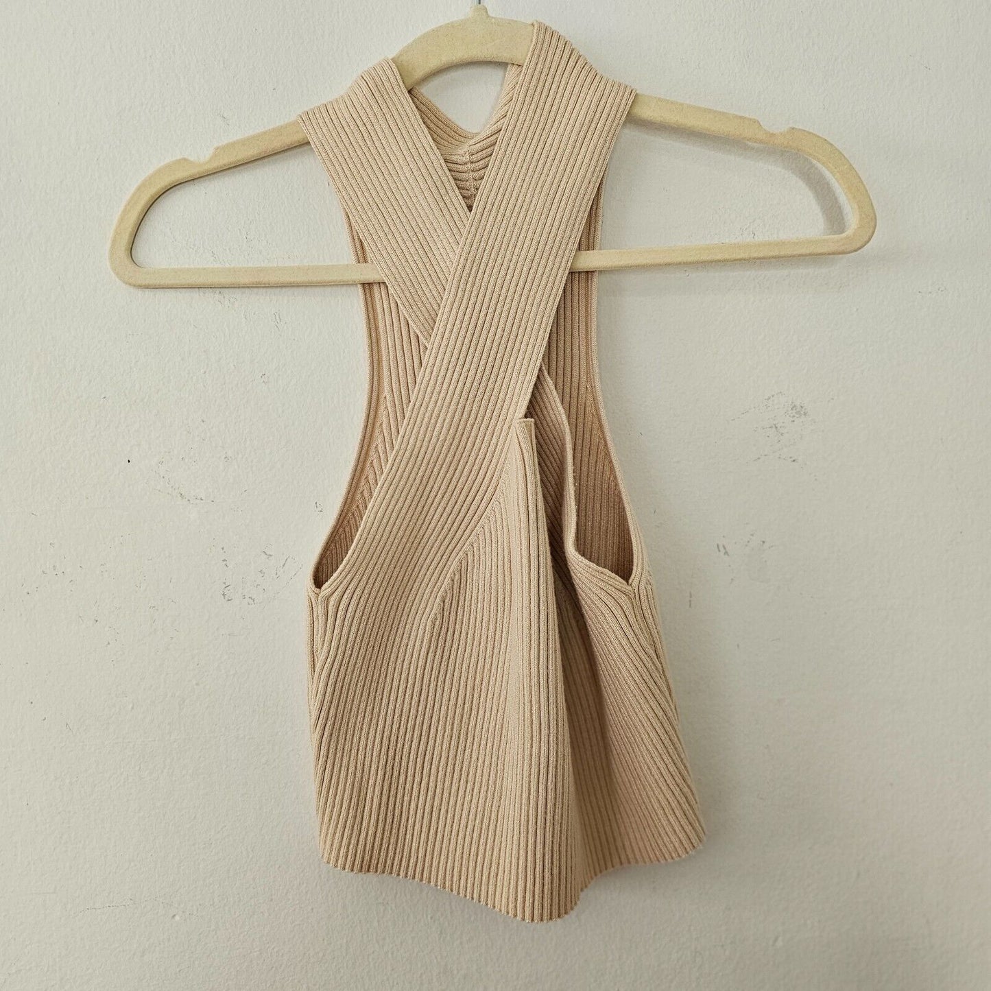 Cider Beige Ribbed Knit Sleeveless Criss Cross Front Halter Stretch Crop Top XL