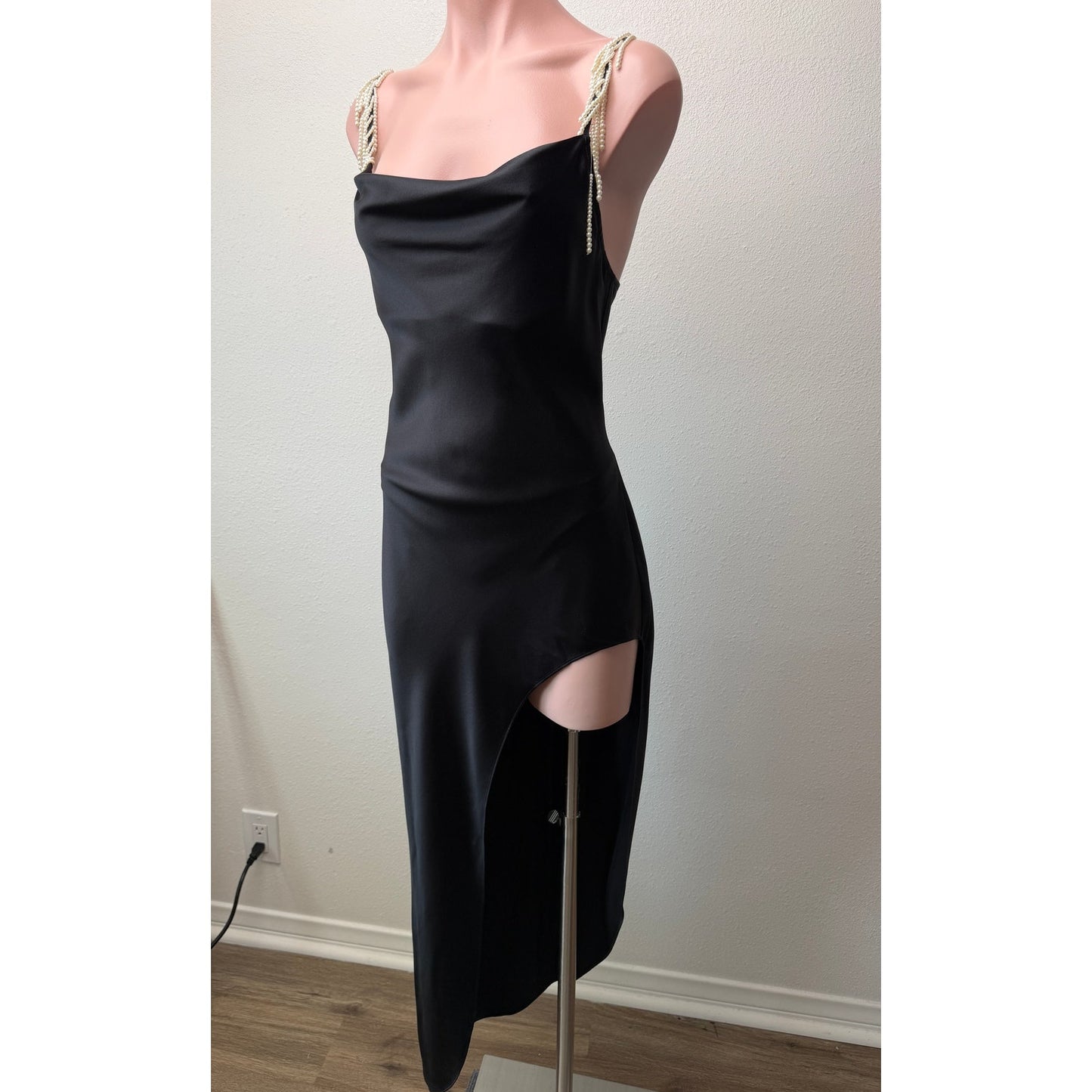 Fleur du Mal Black Silk Pearl Strap High Slit Midi Dress Size S
