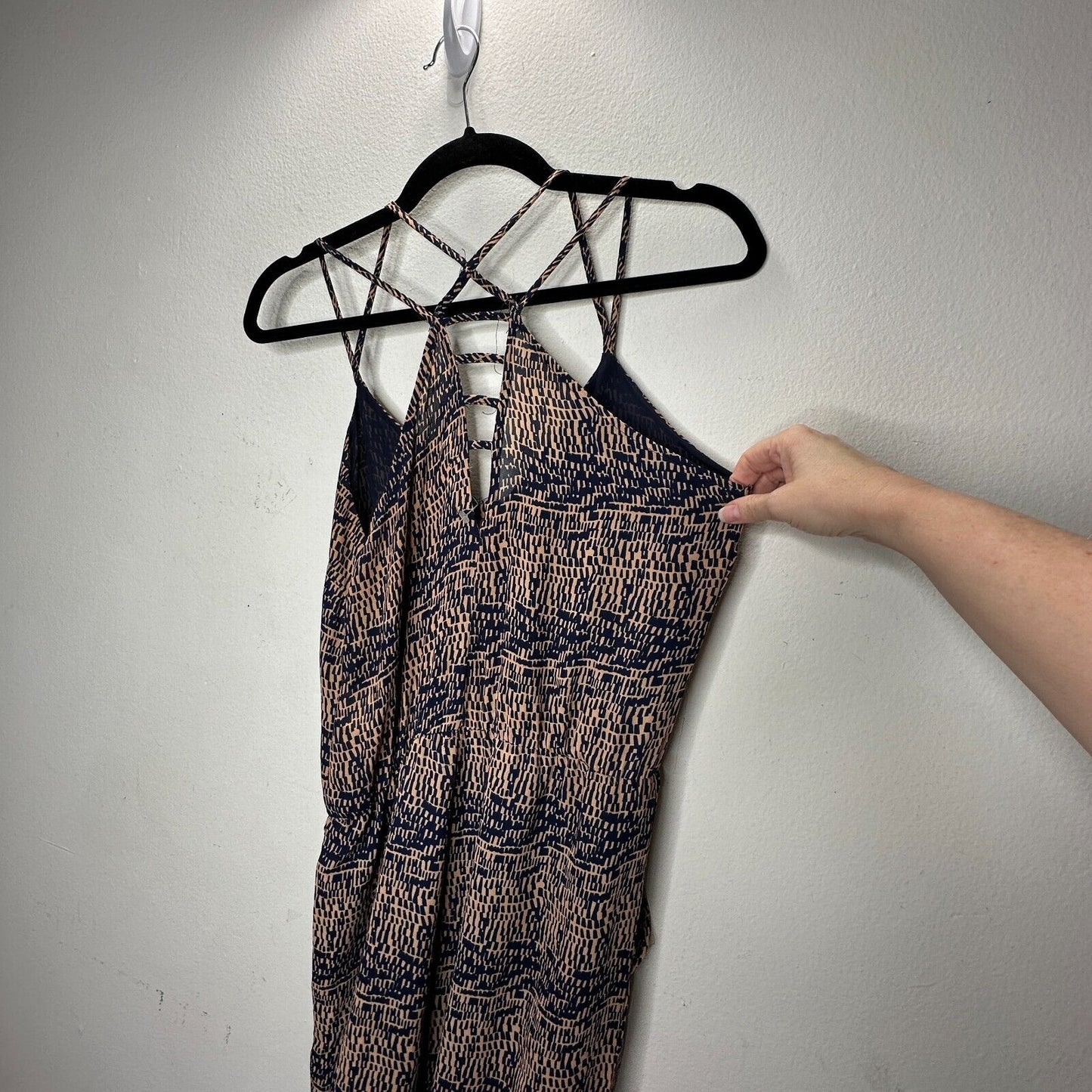 Fora Tan & Navy Front Button Strappy Decorative Back Wide Leg Jumpsuit Small