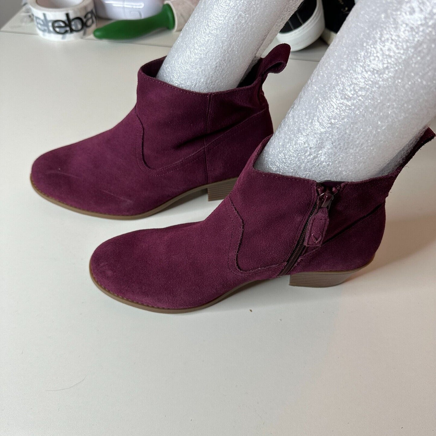 Vionic Vera Chic Eggplant Purple Sueded Ankle Boots Side Zipper Low Heels 8.5
