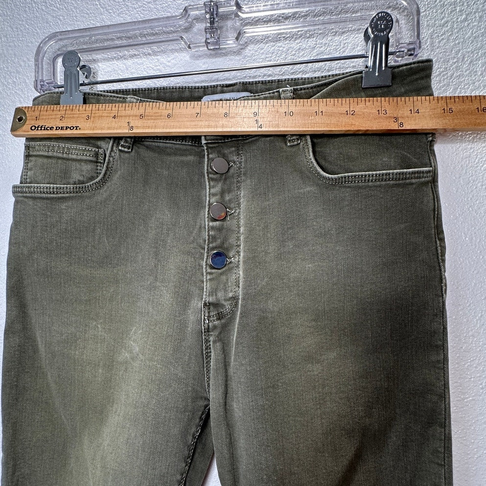 Zara Women Olive Green Button Fly Distressed Knee Skinny Jean High Waist 10