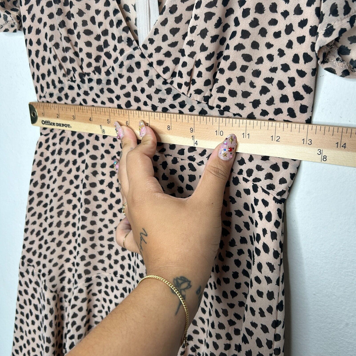 Morning Mist Peach Black Polka Dot Splotch Lined VNeck Short Sleeve Mini Dress S