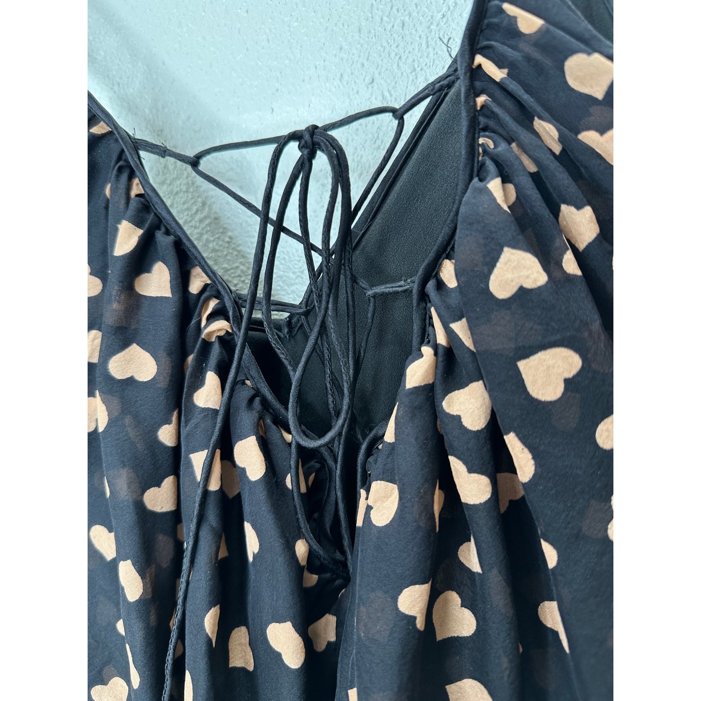Carina Duek Black Peach Polka Dot Heart Vneck Tiered Ruffle Mini 40 / S