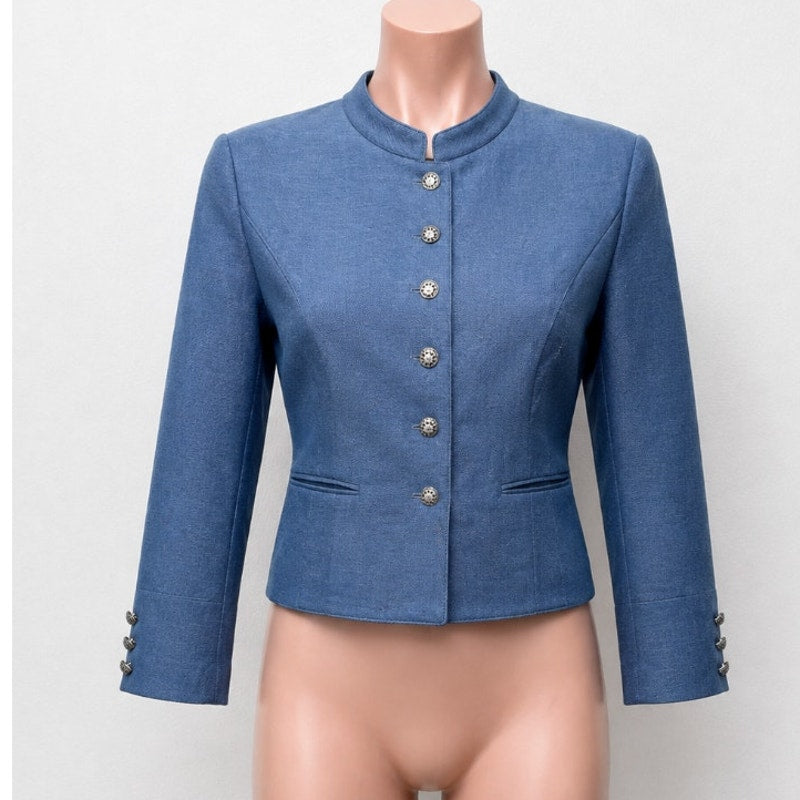 Loden Plankl Denim Blue Linen Band Neck Silver Floral Decorative Buttons Blazer Jacket