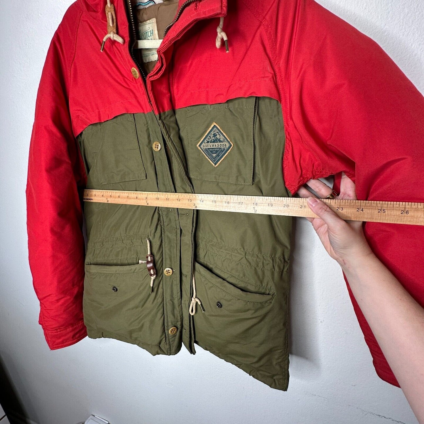 Scotch & Soda Olive Green & Red Front Zip Button Hooded Heavyweight Jacket M