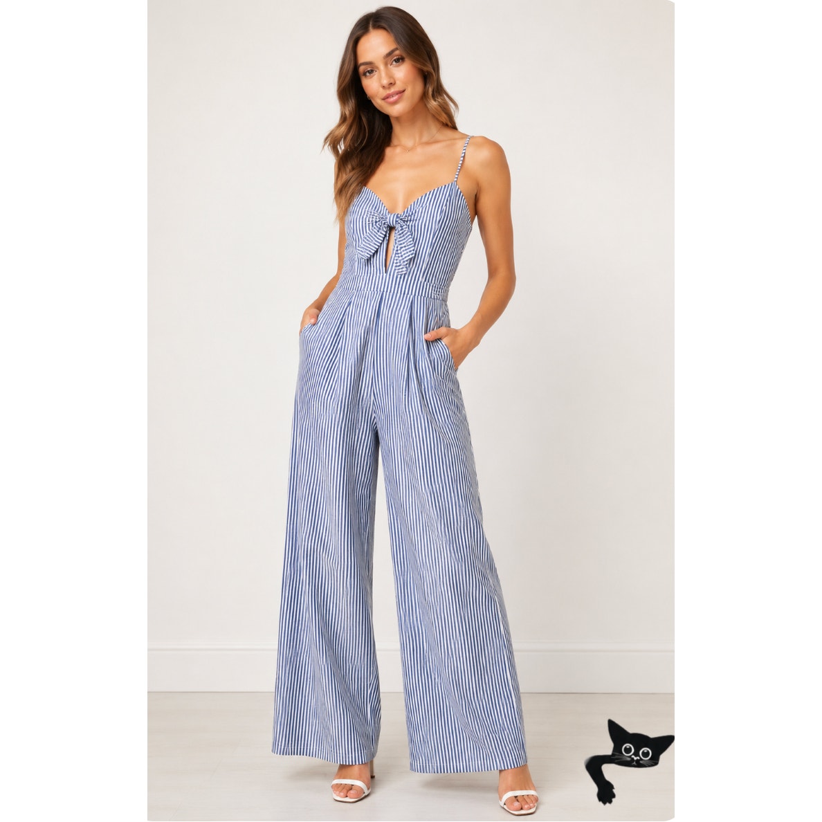 WAYF Massa Front Tie-Knot Pockets Blue White Pin Striped Jumpsuit Romper XS