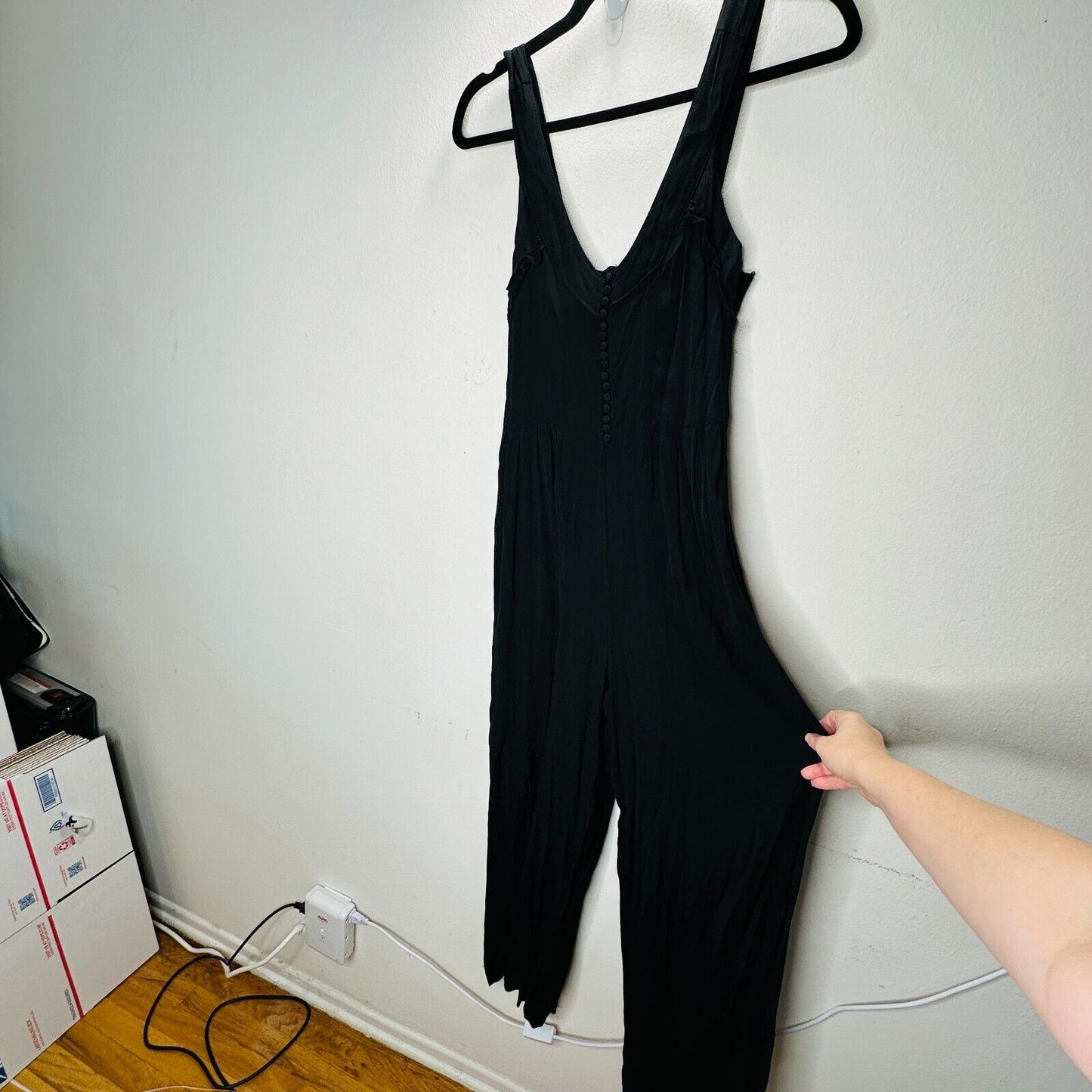 Taylor & Sage Black Semi-Sheer V Neck Button & Loop Front Wide Leg Jumpsuit S
