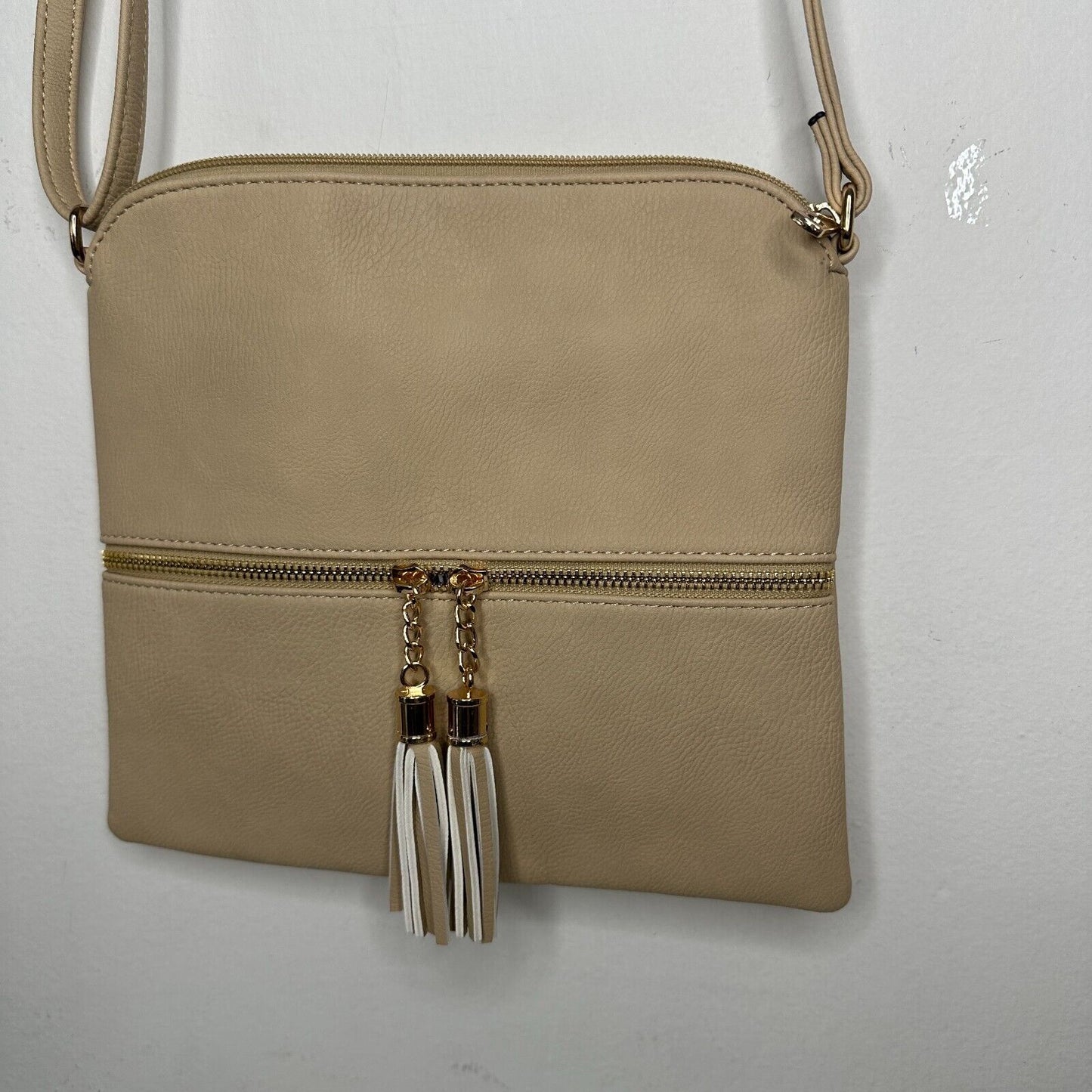 Desert Sand Tan and Gold Crossbody Bag Tassel Blue White Striped Interior Strap