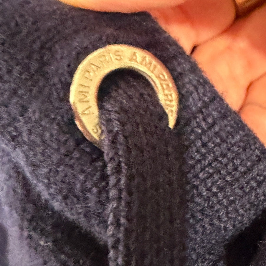 AMI Paris Ami de Coeur Heart Logo Navy Wool Knit Hoodie Men's US L