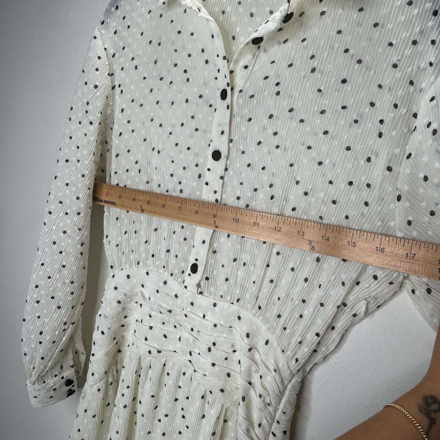 Zara Cream Black Dotted Swiss Long Sleeve 1/2 Button Collared Ruffle Hem Dress