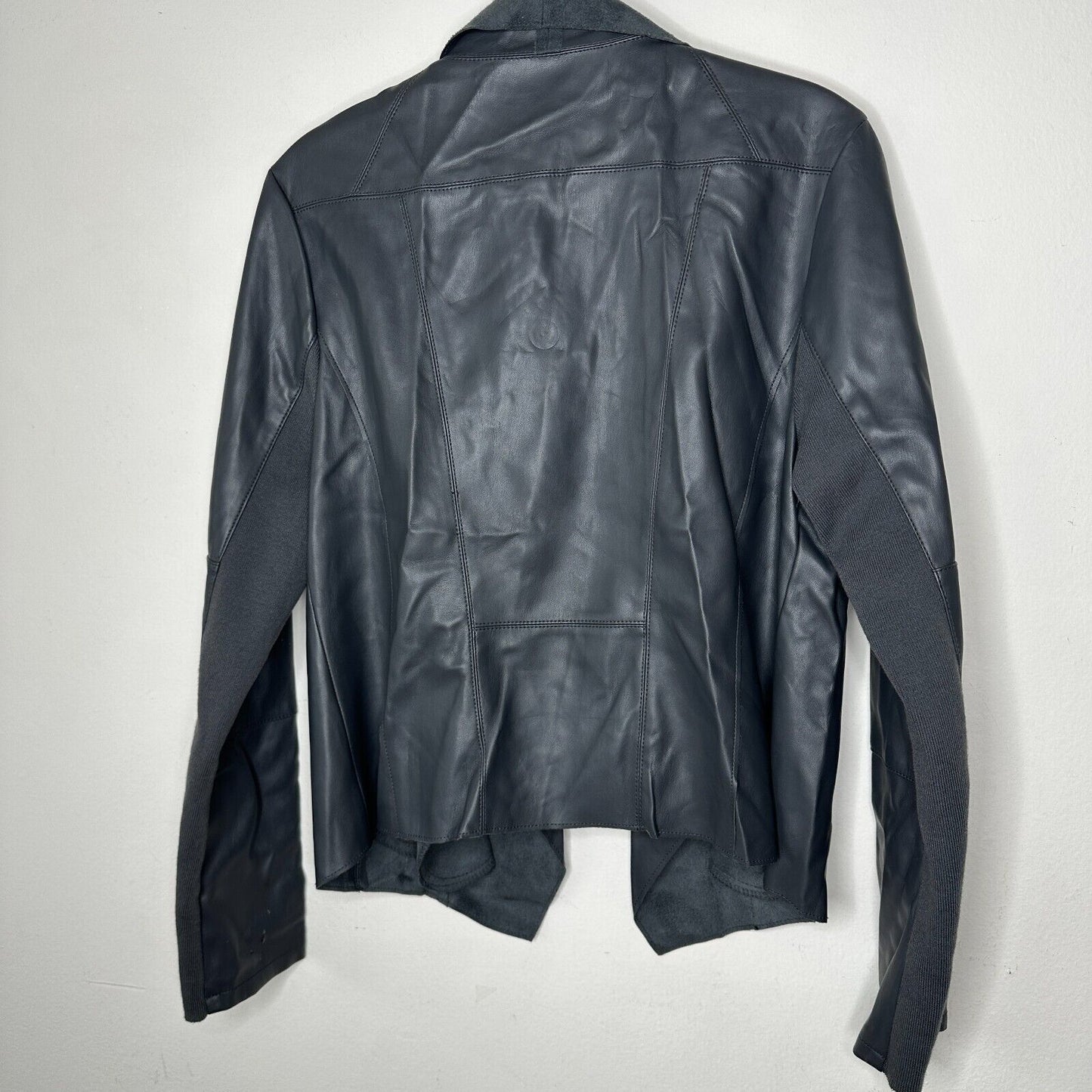 Bagatelle Pewter Gray Faux Leather Open Front Waterfall Jacket Zip Pocket Medium