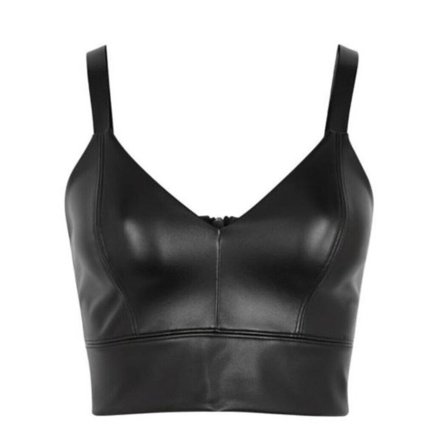 Wolford Sexy Black Emma Vegan Leather V-Neck Back Zip Bralette Crop Top 4