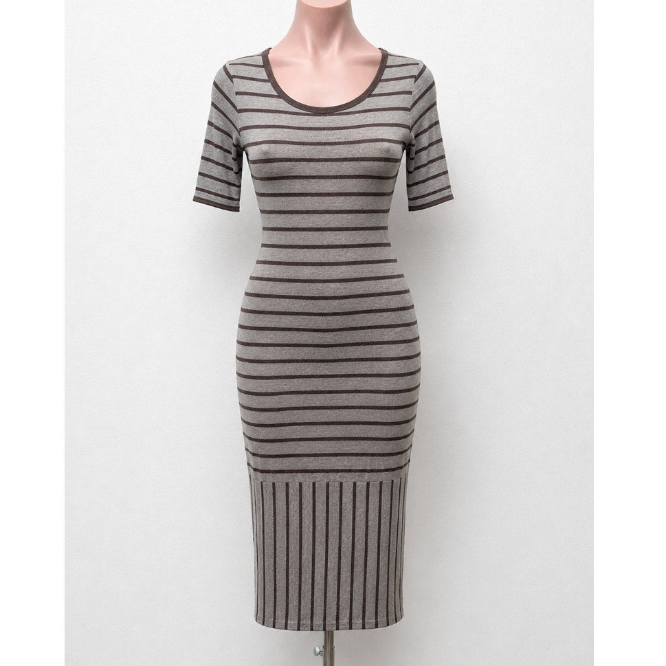 Julia Midi Gray-Stripe Short Sleeve Pullover Stretch Bodycon Dress XXS