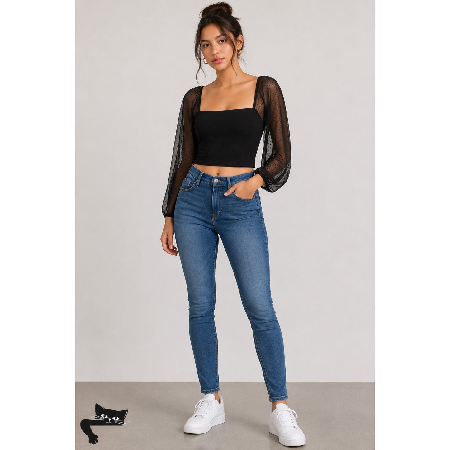 Socialite Black Square Neck Sheer Polka Dot Mesh Balloon Sleeve Crop Top M