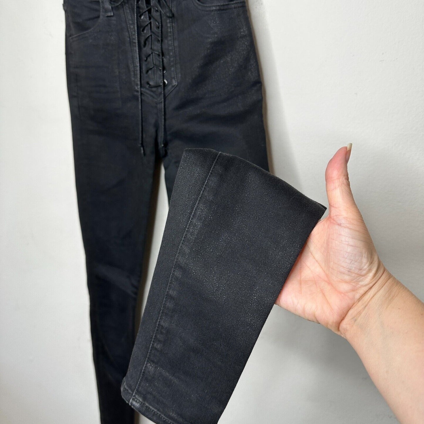 J Brand Steph Shep Charcoal Black High-Rise Laced Up Skinny Jean Vendetta 25