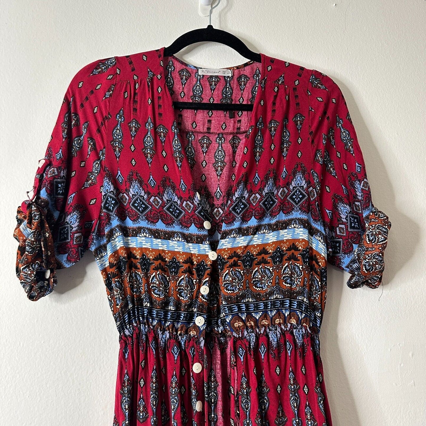 R. Vivimos VNeck Roll Tab Sleeve Button Front Paisley Dress Red Blue Multi Small