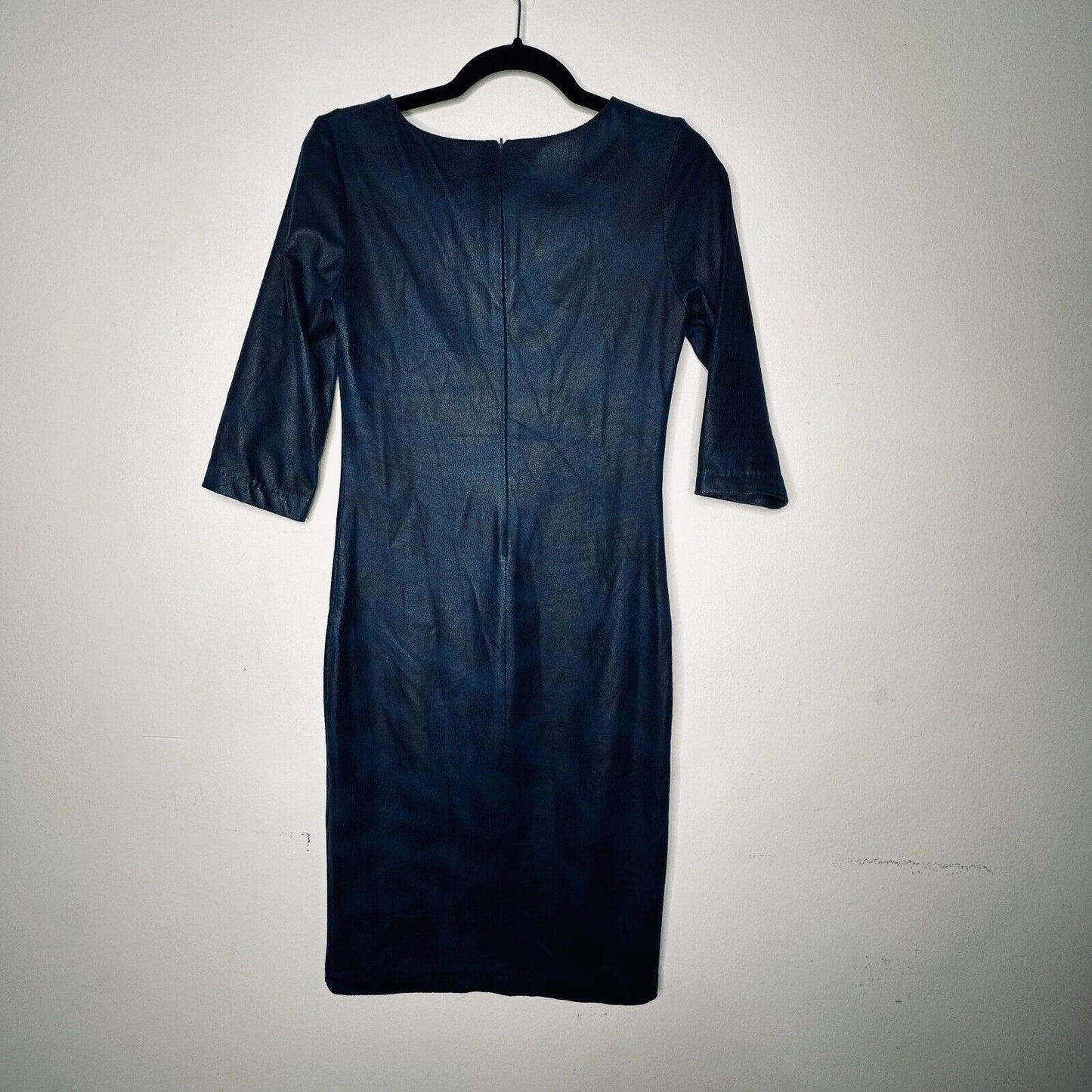Alexia Klein Blue and Black Print Leather 3/4 Sleeve Round Neck Fitted Dress XS