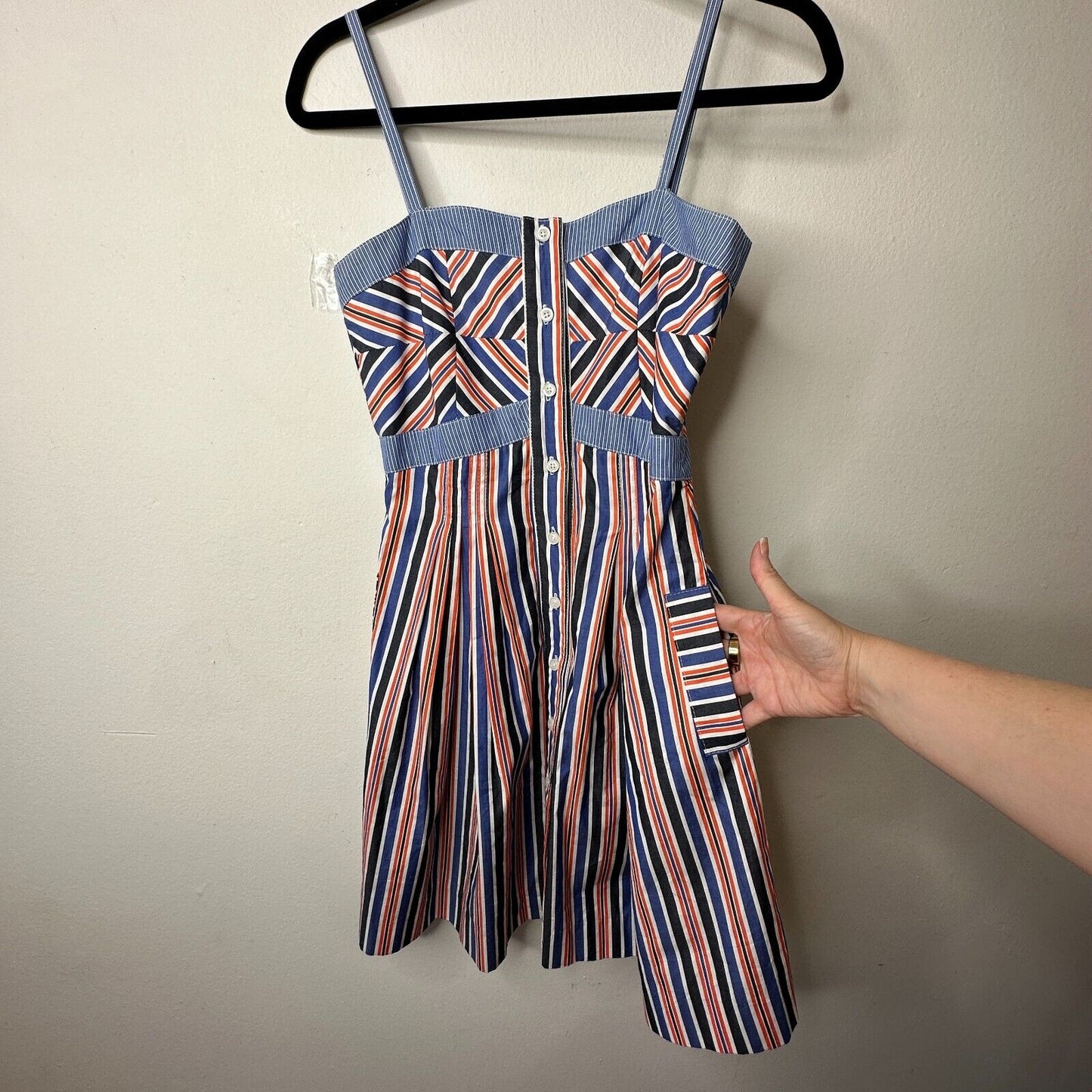 Zachary's Smile Blue White Orange Stripe Spaghetti Strap Button Sun Dress 6