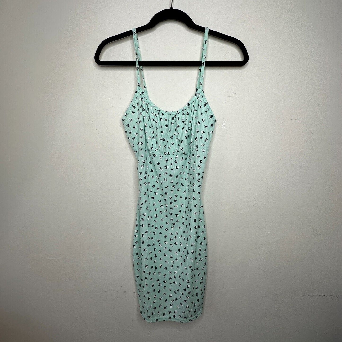 Ditsy Mint Floral Rouched Bust Rib Knit Spaghetti Strap Jersey Mini 6