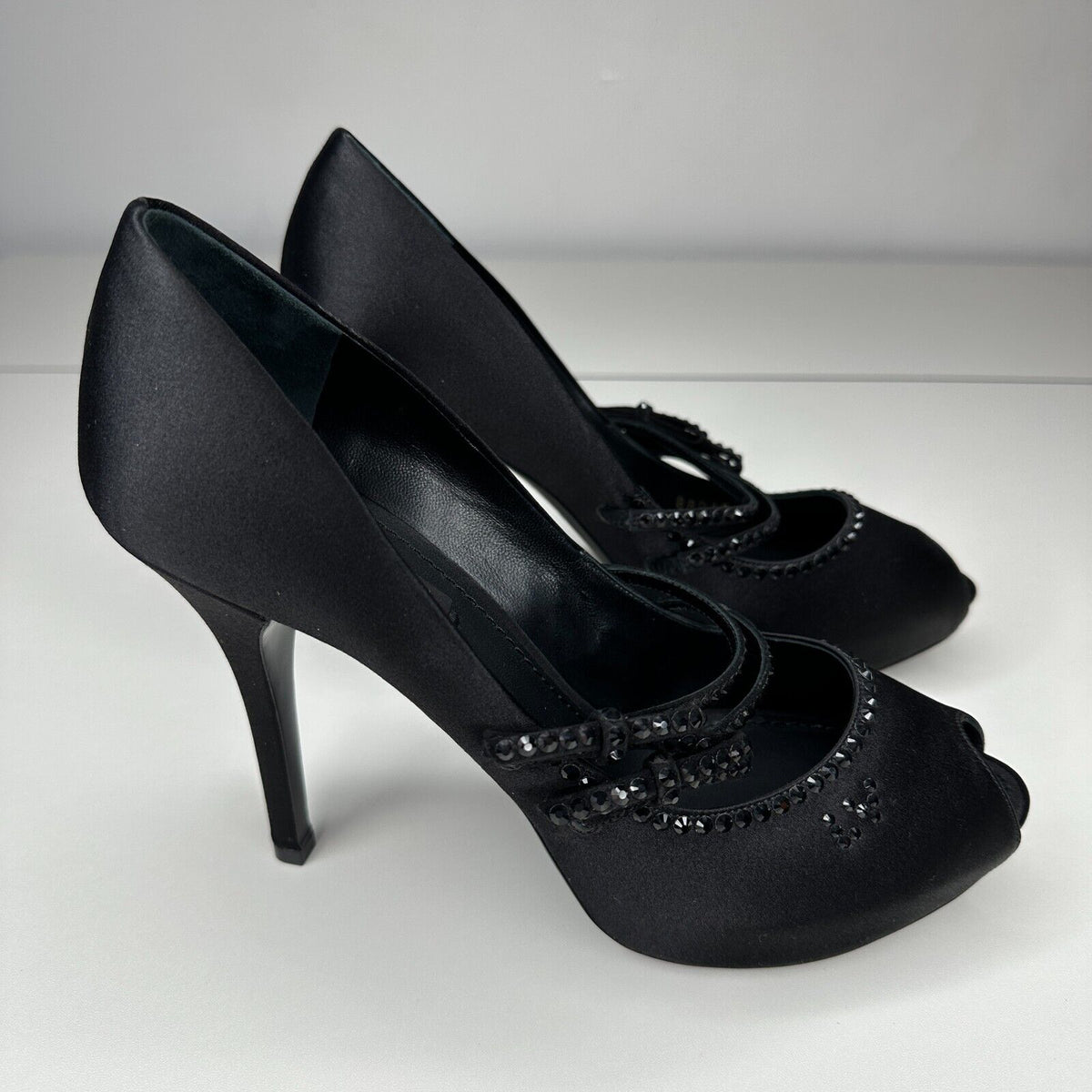 Louis Vuitton Vintage Black Satin Open Toe Crystal Strap Embellished Pumps 37.5