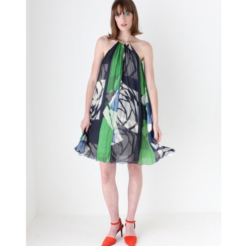 Catherine Malandrino Blue Green Cream Sleeveless Silk Tie Dress 6