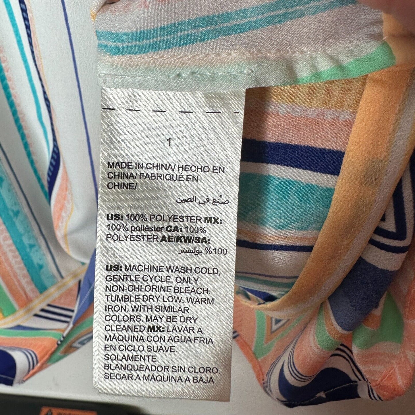 Chico's Aqua Peach and Green White Aztec Striped Boxy Blouse Short Sleeve 1