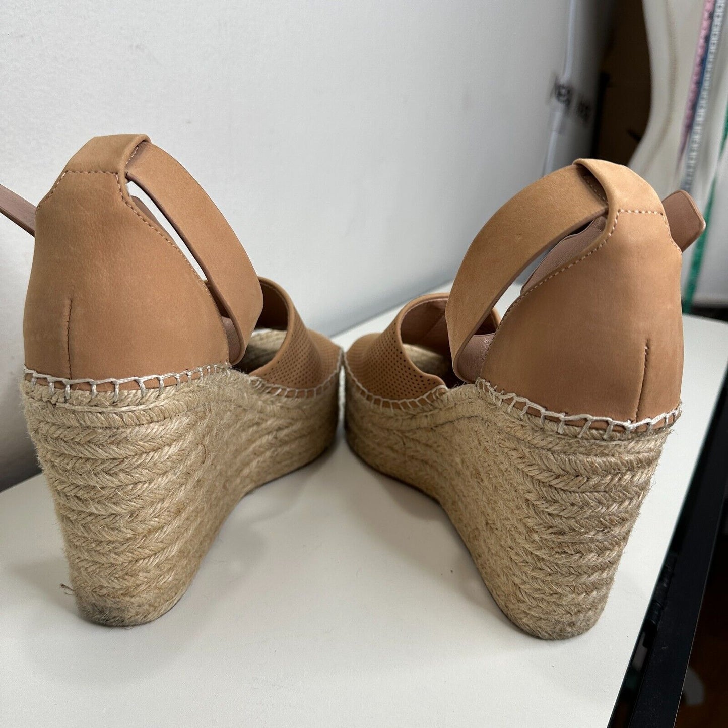Marc Fisher Cute Tan Adalyne Platform Leather Open Toe Espadrille Wedges 7.5