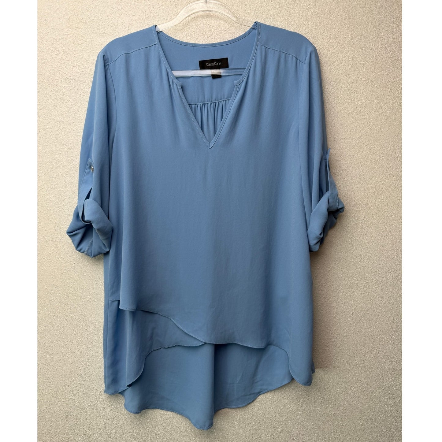 Karen Kane Light Blue Hi-Low Layered V-Neck Roll Tab Blouse Size L