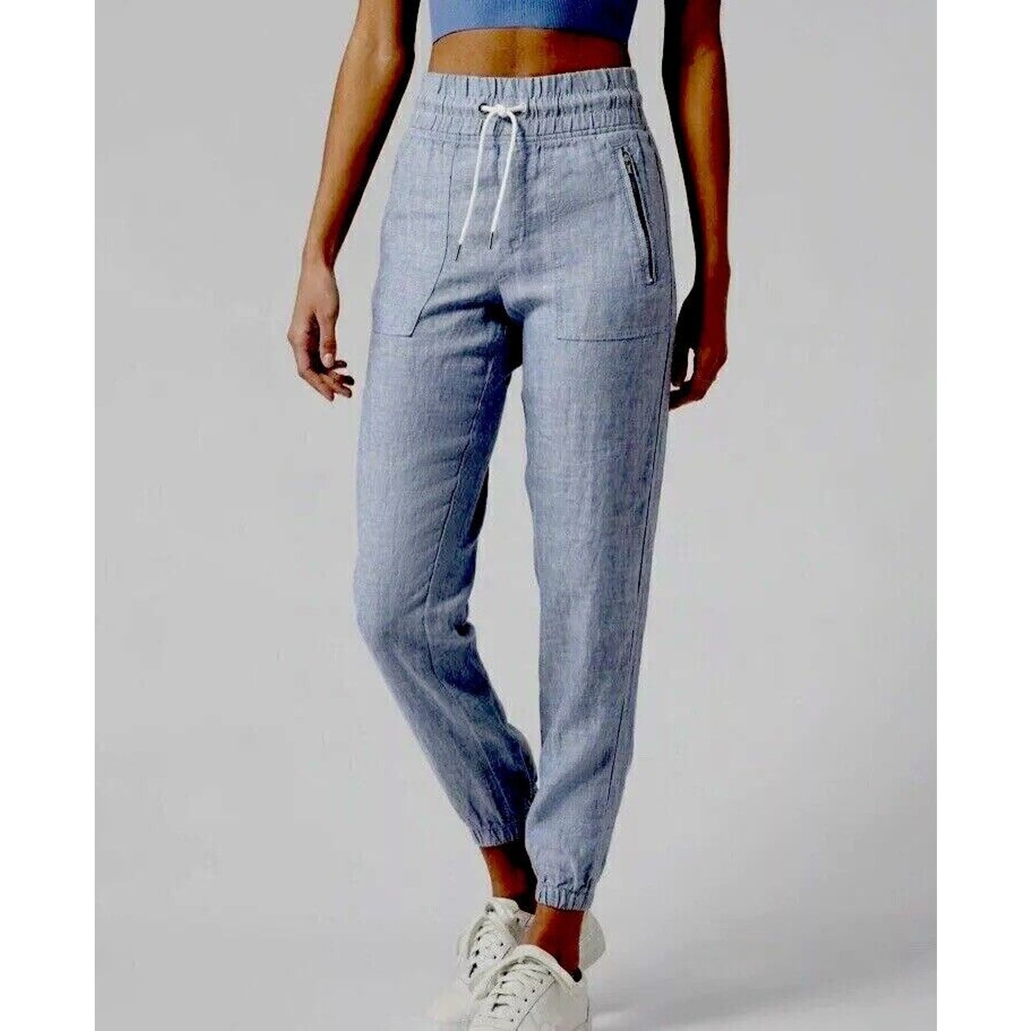 Athleta Chambray Blue Cabo Casual Linen Jogger Pant Tie Waist Front Zip 4