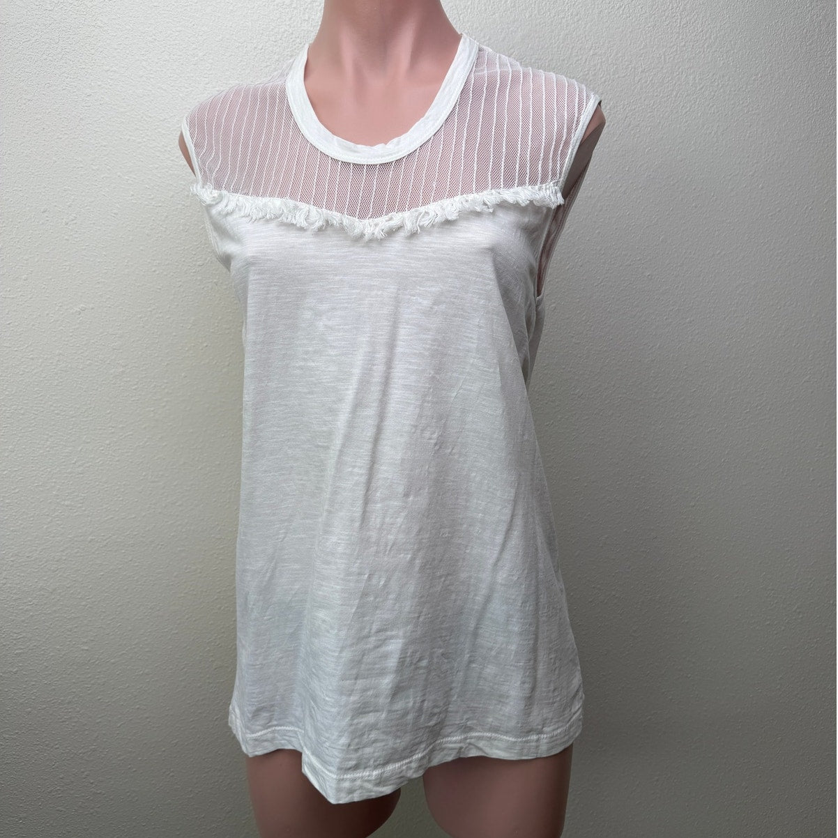 Pepin White Sheer Mesh Tassel Sleeveless Top Scoop Neck Linen Blend