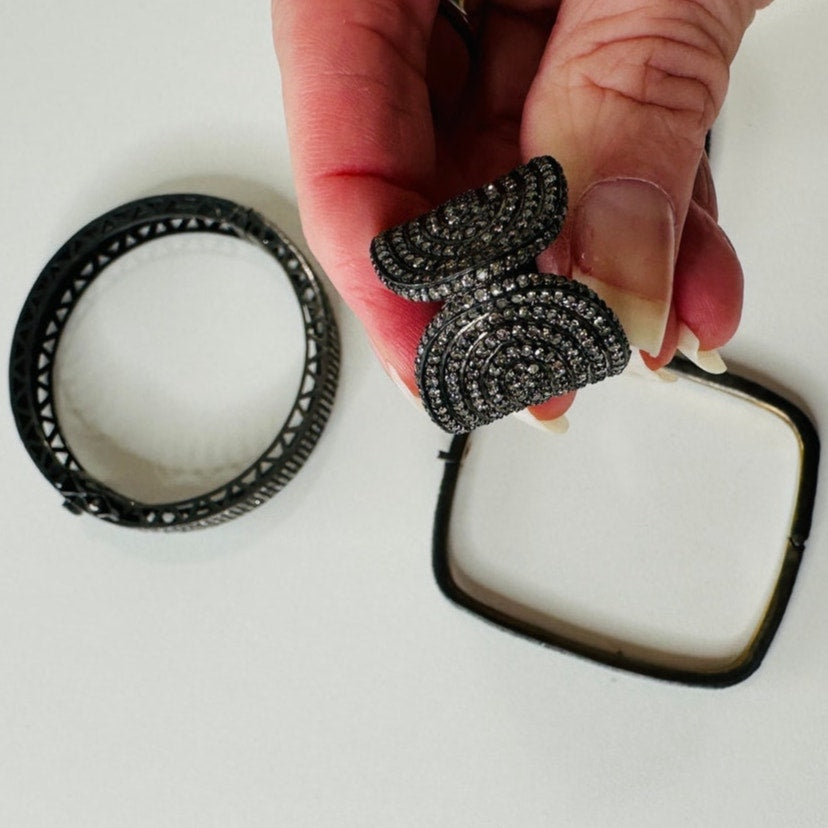 Gunmetal Gray Rhinestone Bangle & Square Bracelets with Matching Ring