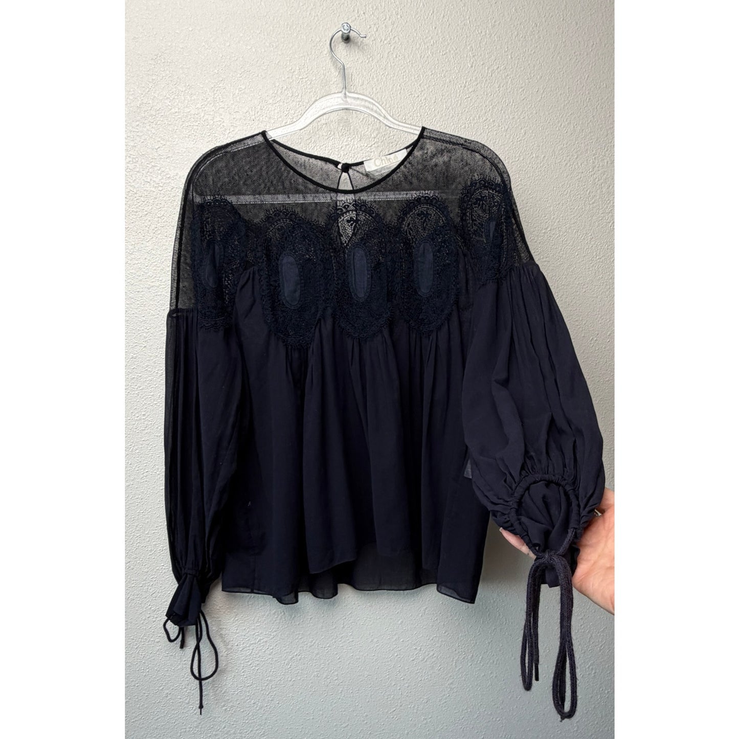 Chloe Womens Navy Lace Mesh Babydoll Blouse US 6