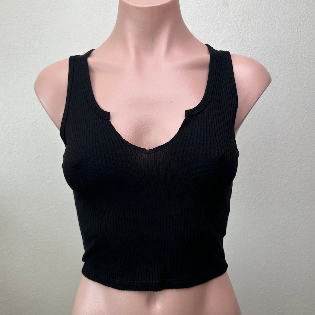 Year of Ours Black Ribbed V Neck Crop Tank Top Small