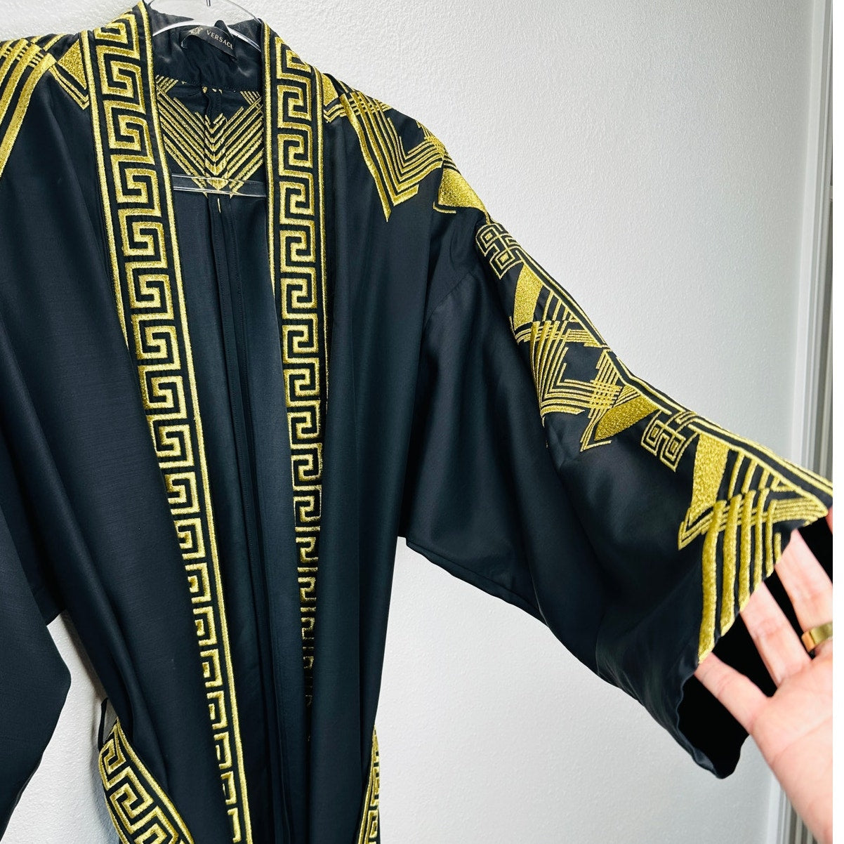 Versace Belted Gold Embroidered Black Wool Blend Kimono Jacket M