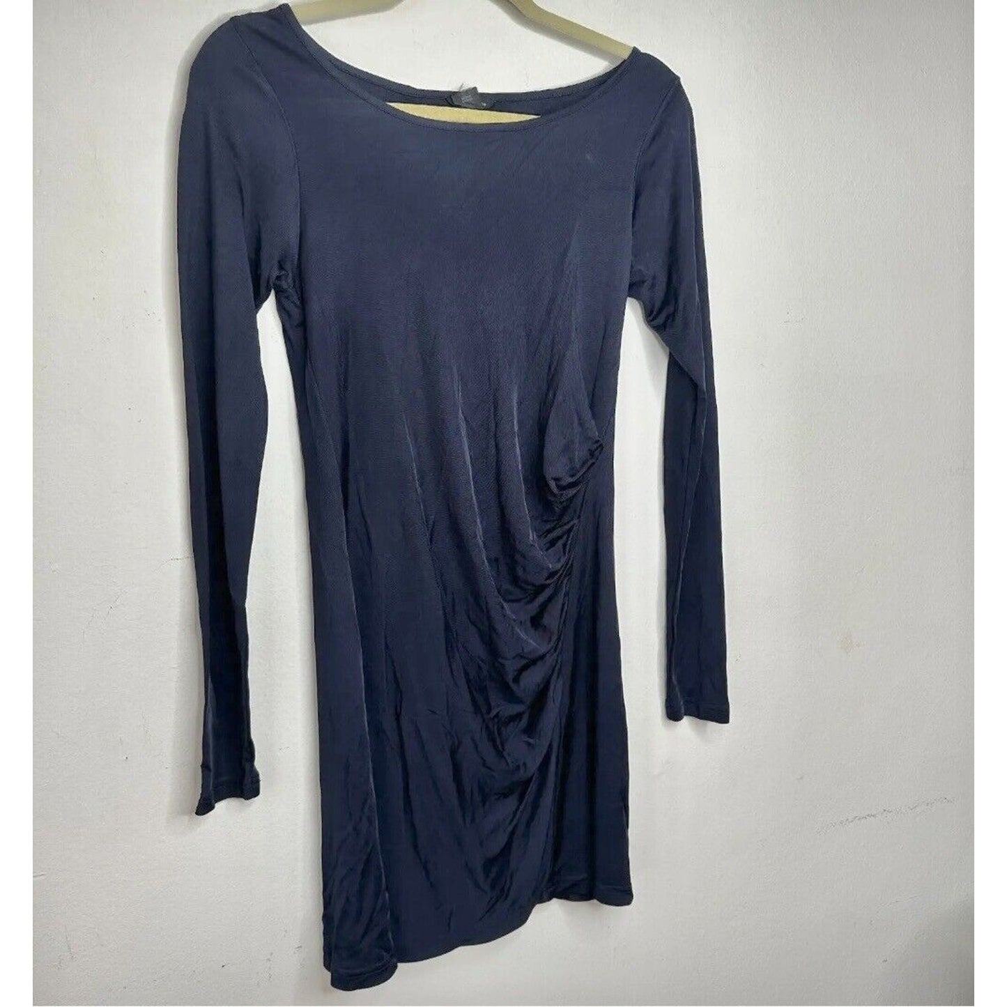 Club Monaco Sexy Jet Black Bodycon Long Sleeve Boat Neck Side Ruche Mini00